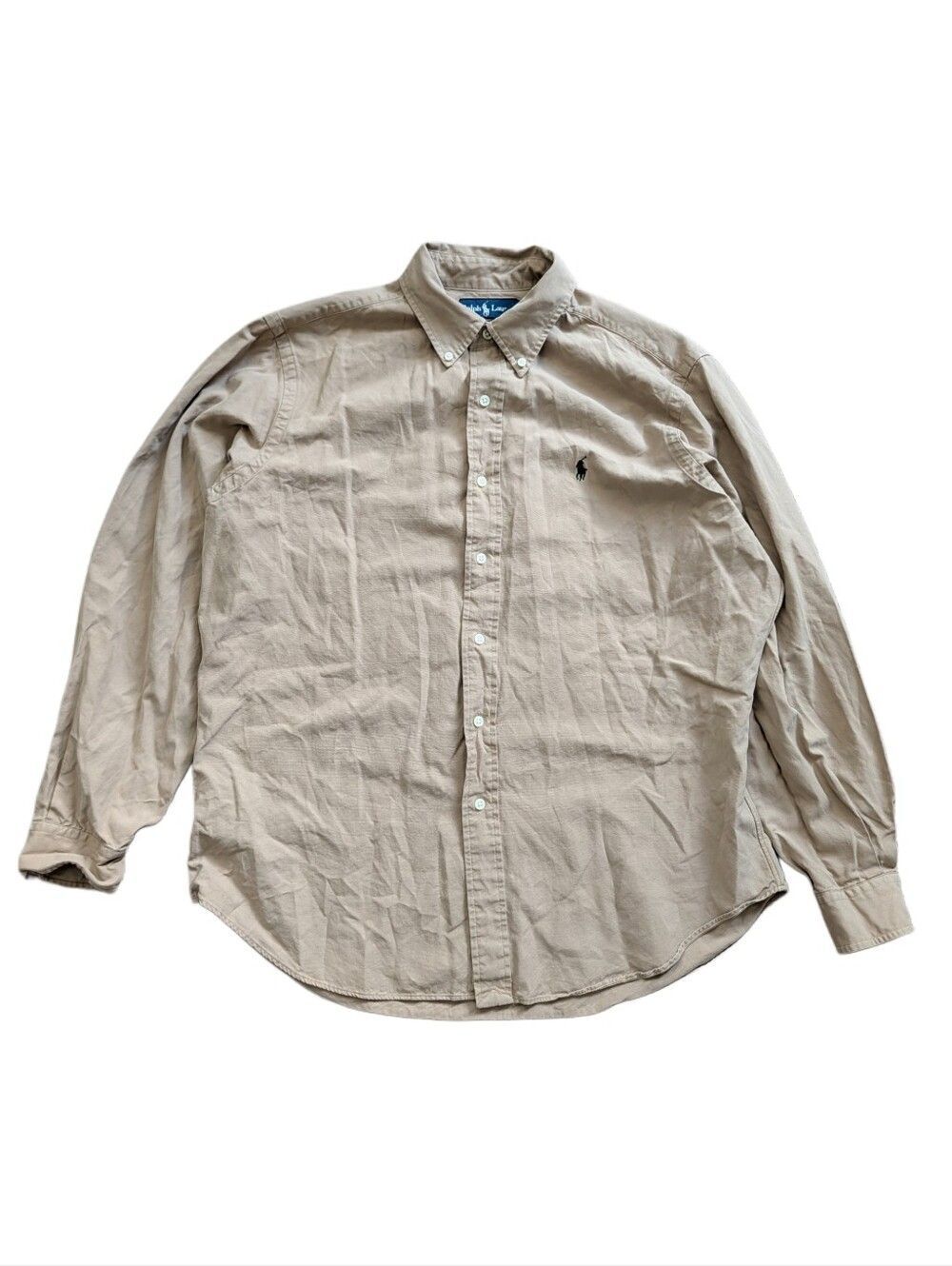 Ralph Lauren Mens Khaki Silk Blend Classic Fit Button Down Cotton Shirt Large